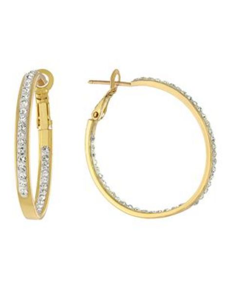 Boxed Gold Over Fine Silver Plated 30mm Crystal Clutchless Hoops deals at $24.95
