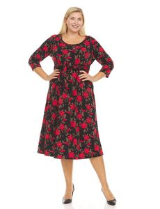 Three Quarter Sleeve Crew Neck All Over Floral printed A-line Midi Dress With Self Tie Belt - Plus offers at $74.2 in Stein Mart