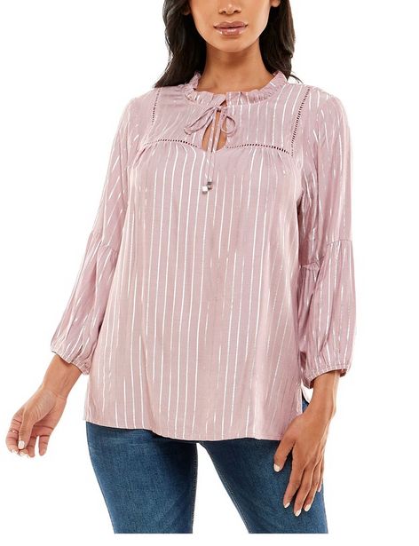 Adrienne Vittadini Three Quarter Puff Sleeve Blouse With Ruffle Neck and Trim Detail deals at $40.95
