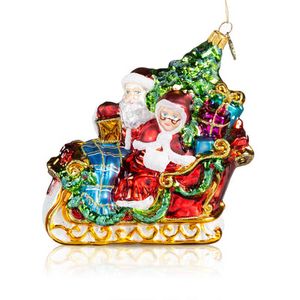 Pier 1 Santa and Mrs Claus on a Sleigh Ride Glass Christmas Ornament offers at $59.95 in Stein Mart