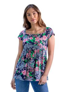 24Seven Comfort Apparel Black Floral Print Cap Sleeve Womens Babydoll Top offers at $66.28 in Stein Mart