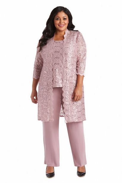 Three-Piece Pant Set with Metallic Lace and Long-Line Jacket - Plus deals at $133.95