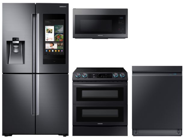 Family Hub™ 4-Door Flex™ Refrigerator + Flex Duo™ Slide-in Electric Range with Smart Dial & Air Fry + Linear Wash Dishwasher + Microwave in Black Stainless deals at $8033.36