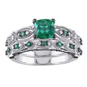 Stella Grace 10k White Gold Lab-Created Emerald & 1/10 Carat T.W. Diamond Vintage Filigree Engagement Ring Set offers at $1640 in Kohl's