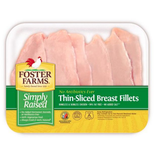 Foster Farms Simply Raised Chicken Breast, Thin Sliced, No Antibiotics Ever deals at $11.99