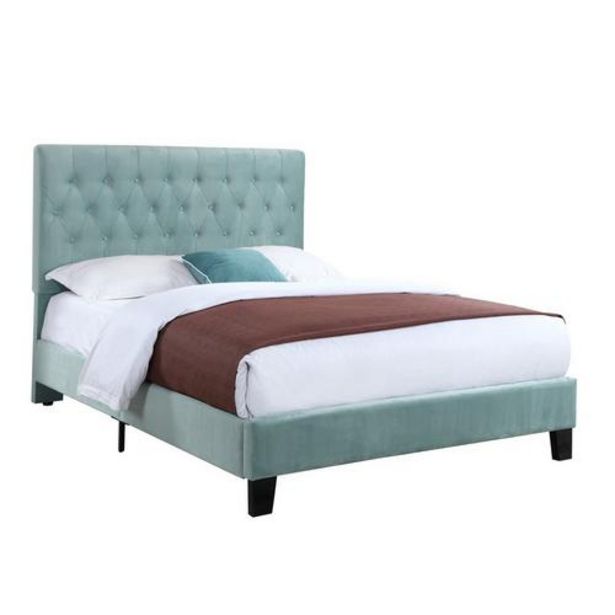 Amelia Queen Upholstered Bed w/ 12" Plush Pillow Top Mattress, Foundation & Protectors offers at $168.98 in Aaron's