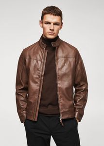 Leather biker jacket offers at $229.99 in Mango