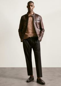 Pocket leather jacket offers at $339.99 in Mango