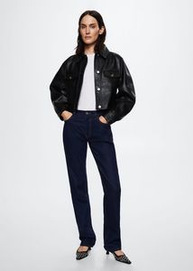 Short leather-effect jacket offers at $39.99 in Mango