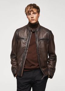 Pocket leather jacket offers at $139.99 in Mango