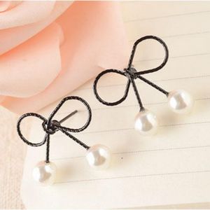Korean Cute Mini Metal Earrings Female Short Black Short Bow Pearl Earrings Student Earrings offers at $1.18 in Aliexpress