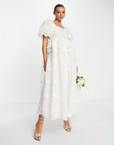 Dream Sister Jane Bridal puff sleeve organza maxi dress in white floral offers at $358 in 