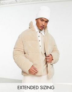 ASOS DESIGN borg puffer jacket with removable hood in ecru offers at $60.5 in ASOS
