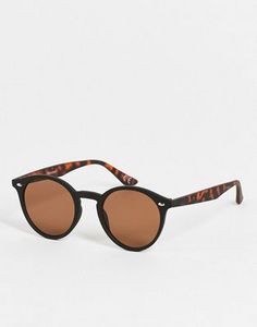 ASOS DESIGN round sunglasses in black with tortoiseshell detail - BLACK offers at $9.25 in 