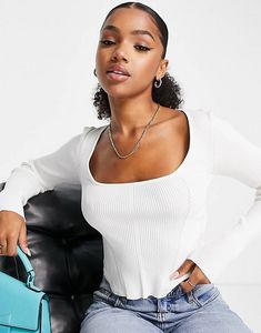 Stradivarius square neck corset seamed knit top in ecru offers at $16.5 in ASOS