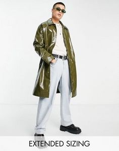 ASOS DESIGN longline oversized trench coat in khaki faux leather vinyl offers at $76 in ASOS