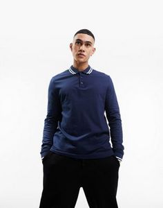 ASOS DESIGN long sleeve tipped pique polo shirt in navy offers at $11.7 in 