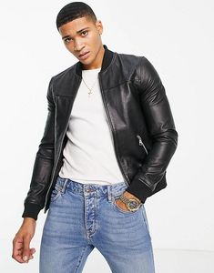 Barneys Originals leather bomber jacket in black offers at $132 in ASOS