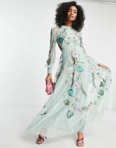 ASOS EDITION embroidered floral nouveau placement maxi dress in green offers at $160 in ASOS